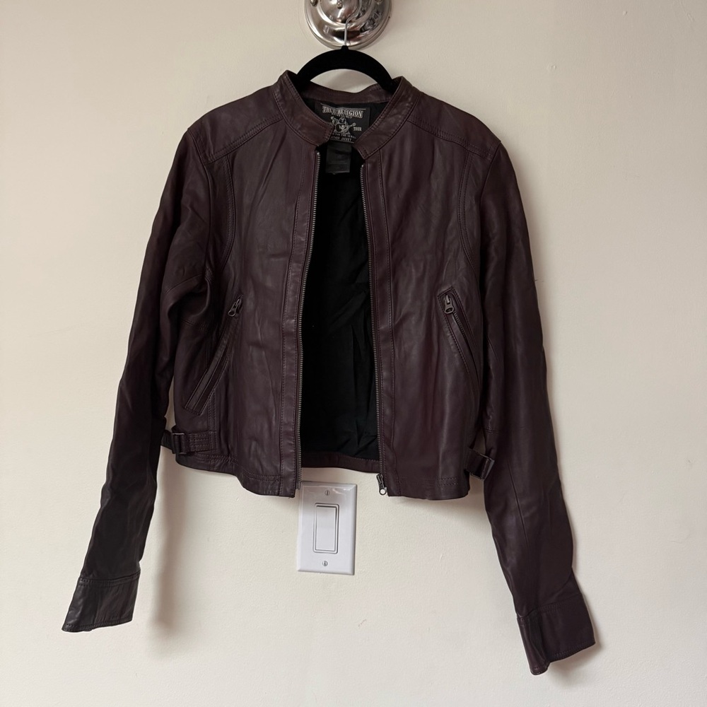 True Religion Burgundy motto Leather Jacket